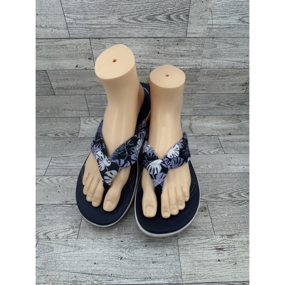 Clarks Cloudsteppers Brinkley Flora Navy Tropical Leaf Sandals Women Sz 10M
